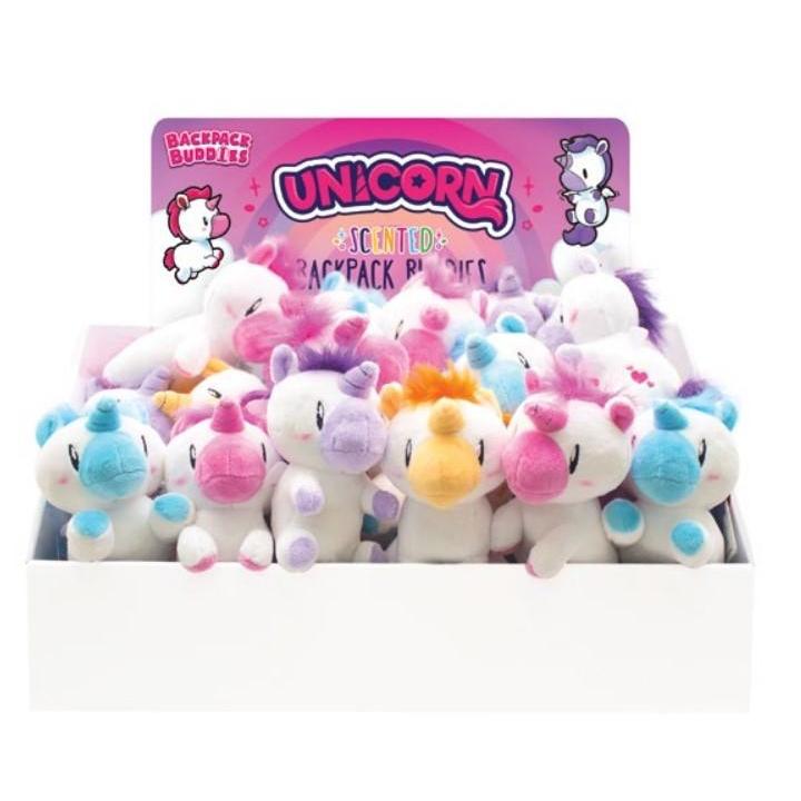 Image of the packaging for the Unicorn Backpack Plushies. There are four different possible plushies you could get.