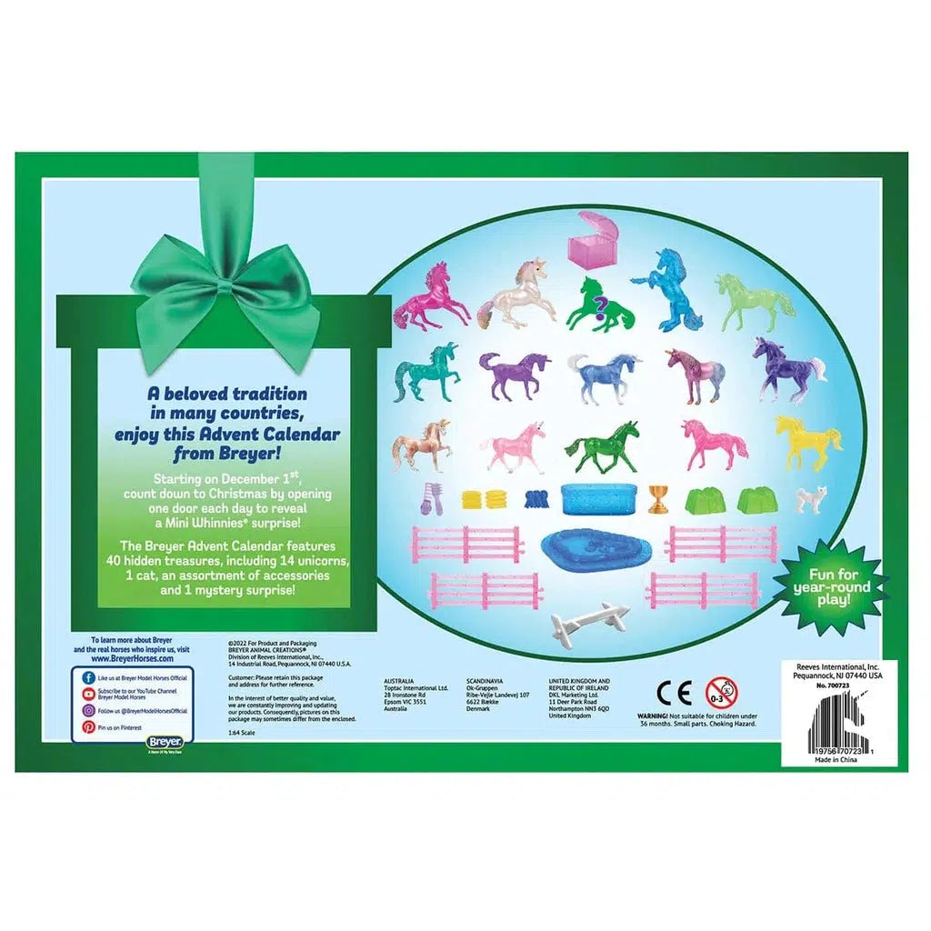 Image of the back of the box. It has a picture of each piece that is included in the advent calendar box. It includes 15 different colored unicorn figurines and other accessories.