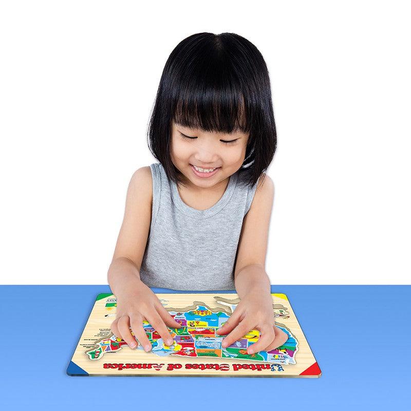 Scene of a little girl solving the puzzle.
