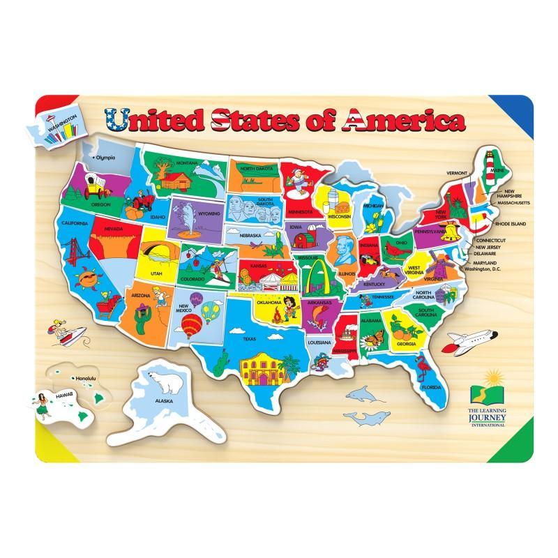 Image of the wooden puzzle. It comes with a wooden base and 40 state wooden puzzle pieces. The base has the outlines of the states so you can line up the puzzle easier and the puzzle pieces are colored and have different graphic depicting the states.