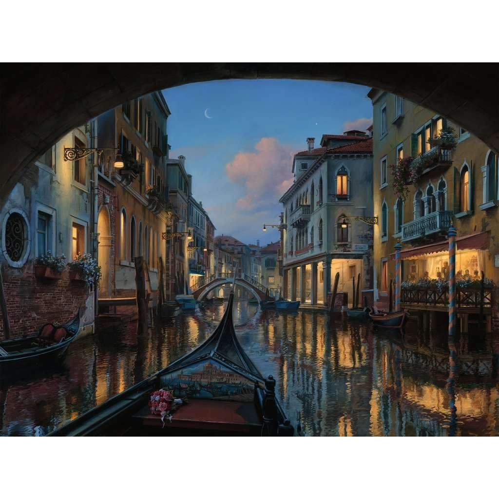 Image of the finished puzzle. It is a photo of the Venice canals from the view of sitting on a boat. The scene is at night.