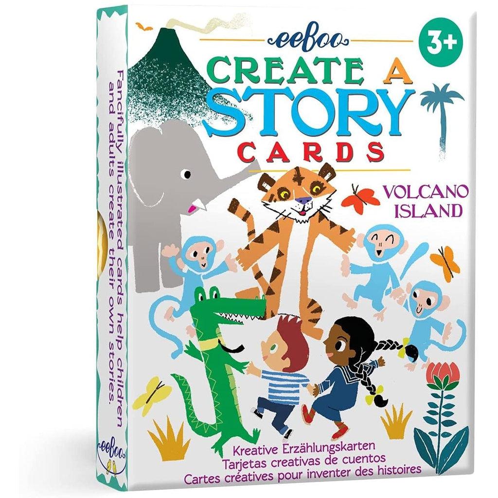 the box for the volcano island create a story! A tiger, three monkeys, two kids and an alligator are playing together on the cover.