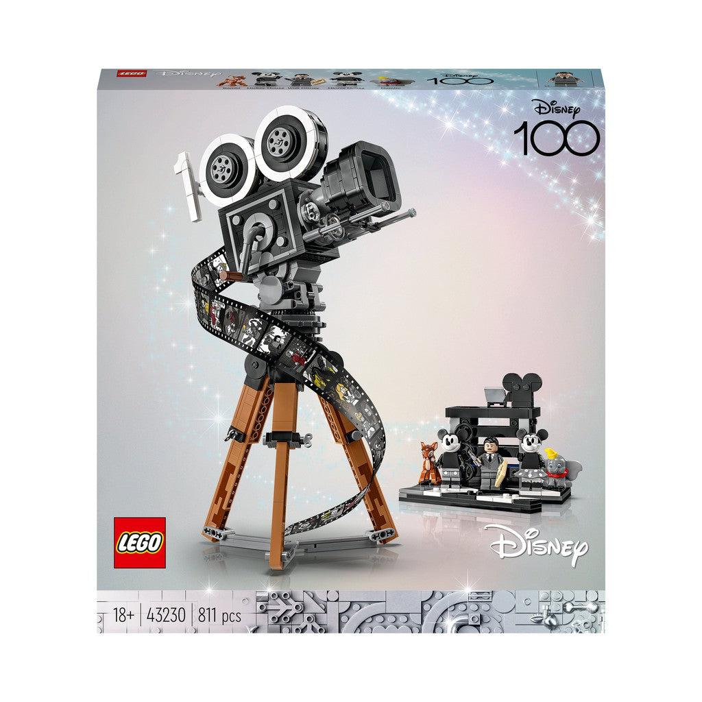 This image shows a white lego box with a old film camera that has the nimber 100 on it to celebrate 100 years of Disney with this LEGO camera