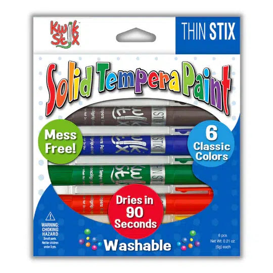 Image of the packaging for the water-based Solid Tempura Paint Markers. Part of the front is cut away so you can see and touch some of the markers.
