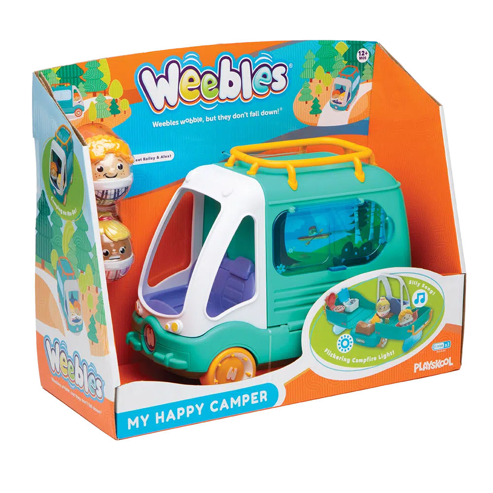 This image shows the camper van for weebles. there are two people that gan go inside the toy van and wobble around
