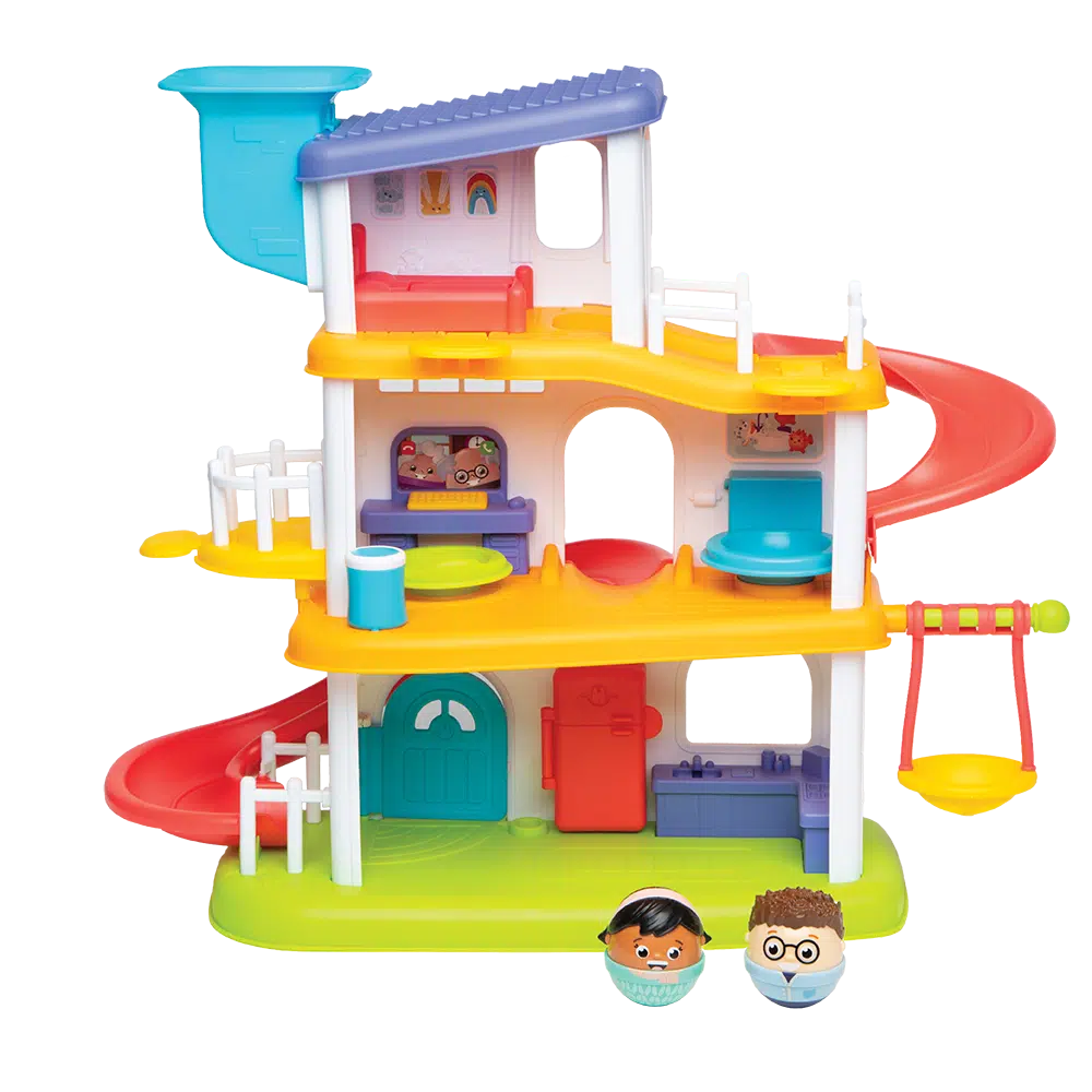 this image shows the happy weeble family living in the house, with the bathroom in the decond floor, bedroom in the top floor and a kitchen on the bottom. there is a swing outside, and the floors are connected with a red slide