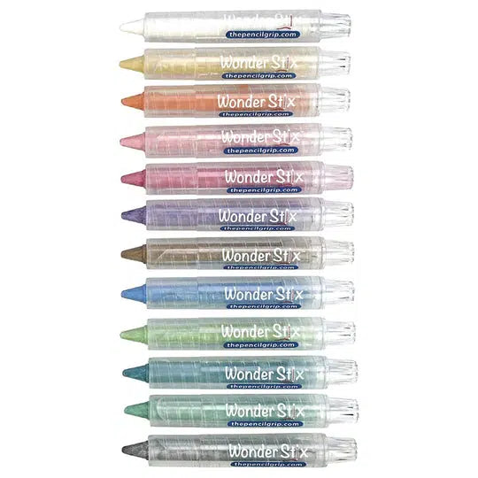 Image of all 12 Wonder Stix outside of the packaging. They come in 12 colors: white, yellow, orange, light pink, dark pink, purple, brown, blue, lime, forest green, green, and black.