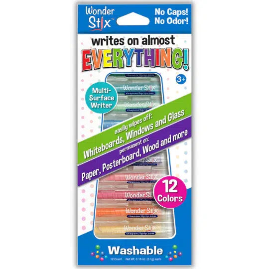 Image of the packaging for the Wonder Stix 12 pack. Part of the front is cut away so you can see and touch some of the markers.