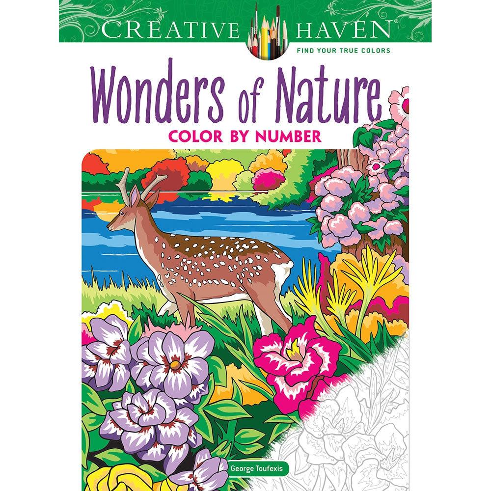 Image of the cover for the Wonders of Nature Color by Number coloring book. On the front is a picture of a half colored coloring page.