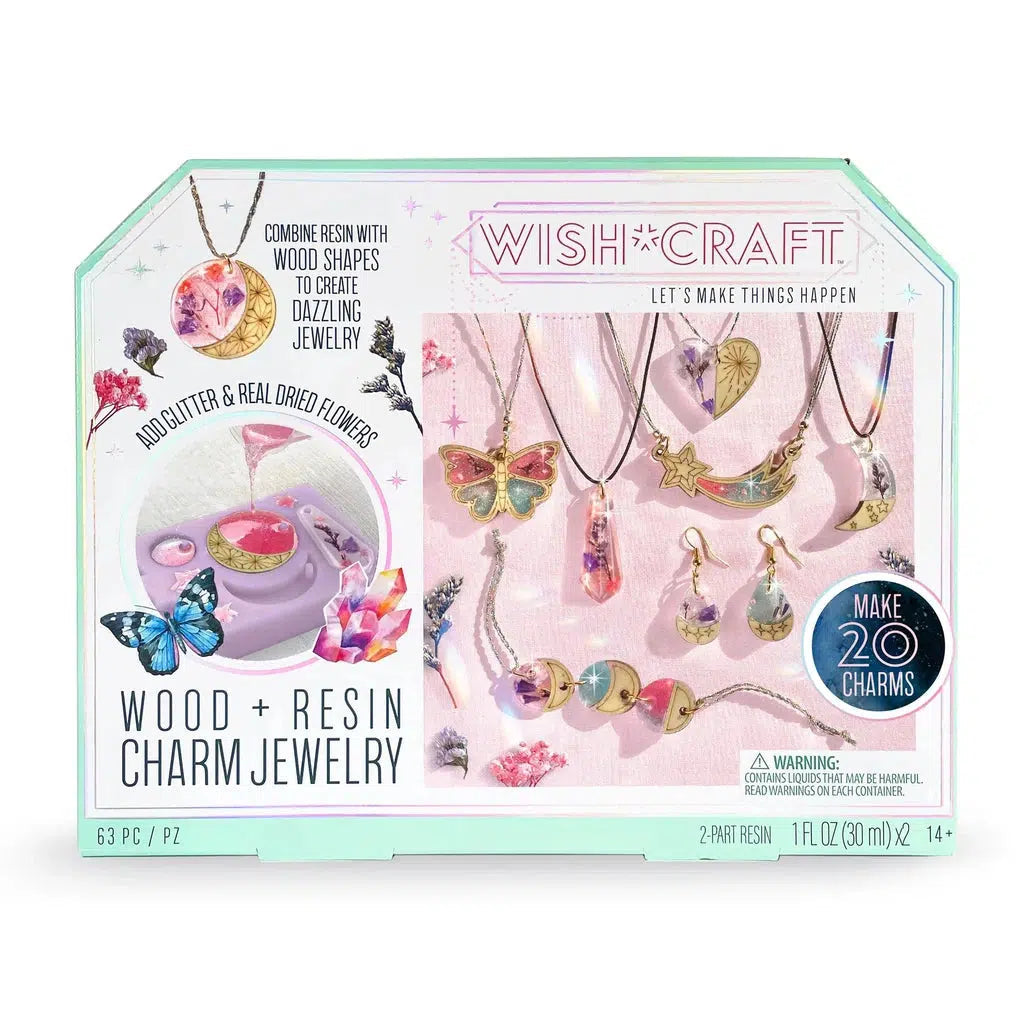 this image shows the wish craft wood and resin charm jewelry. you can make 20 lovely charms in this kit