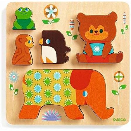 Image of the wooden puzzle board. It has a wooden colored background board and it has five wooden animal puzzle pieces on top.