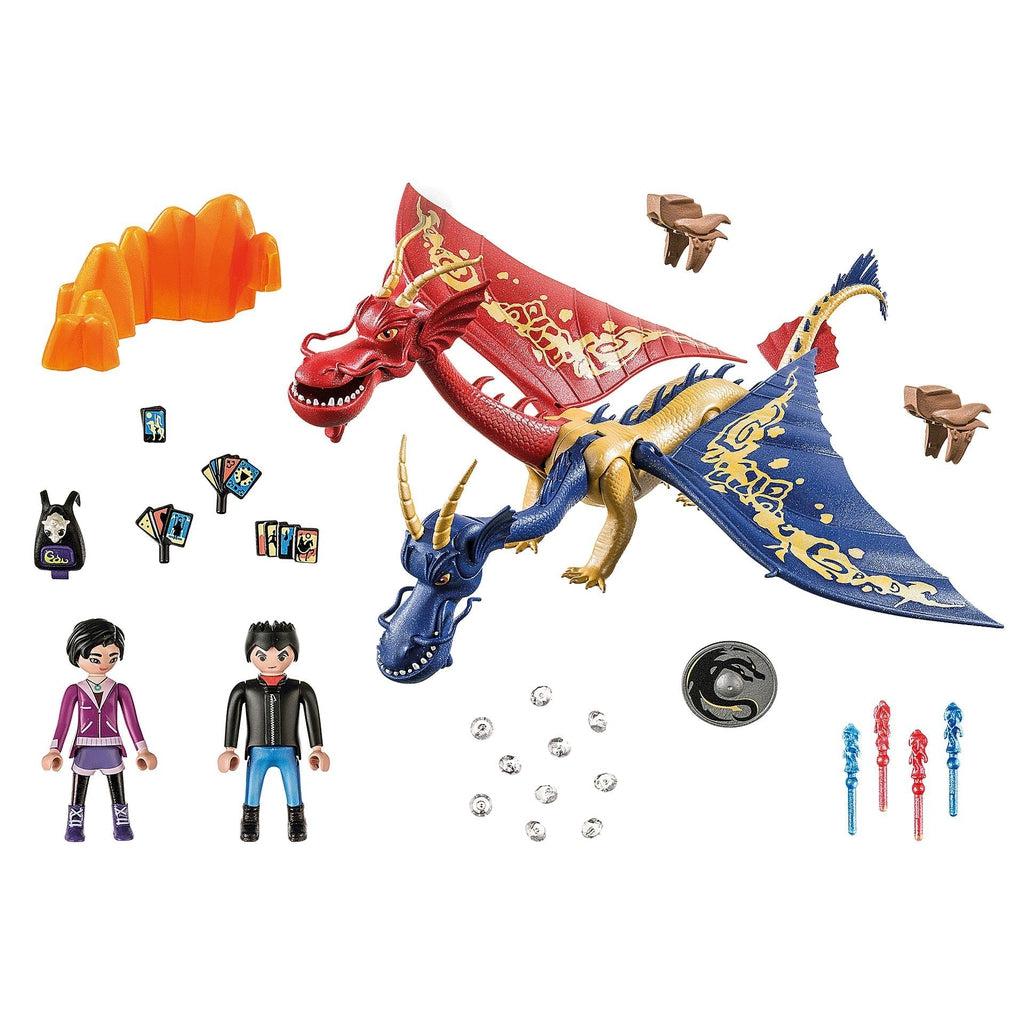 Image of all the included set pieces outside of the packaging. It includes a dual headed dragon with one side being red and the other being blue, two dragon riders, two saddles, and various different small pieces that can be used as materials or weapons for the dragon.