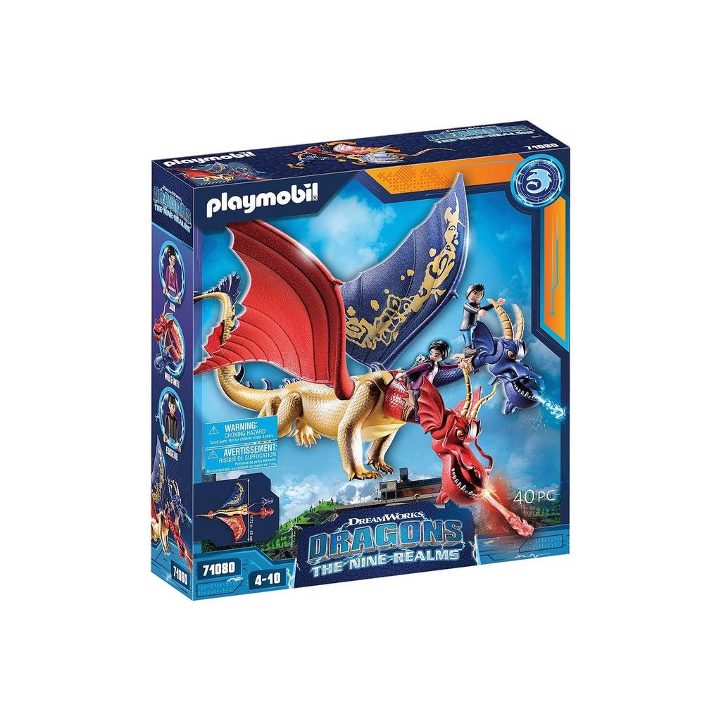 Image of the packaging for Wu & Wei with Jun play set. On the front is a picture of Wu and Wei riding the double headed dragon.