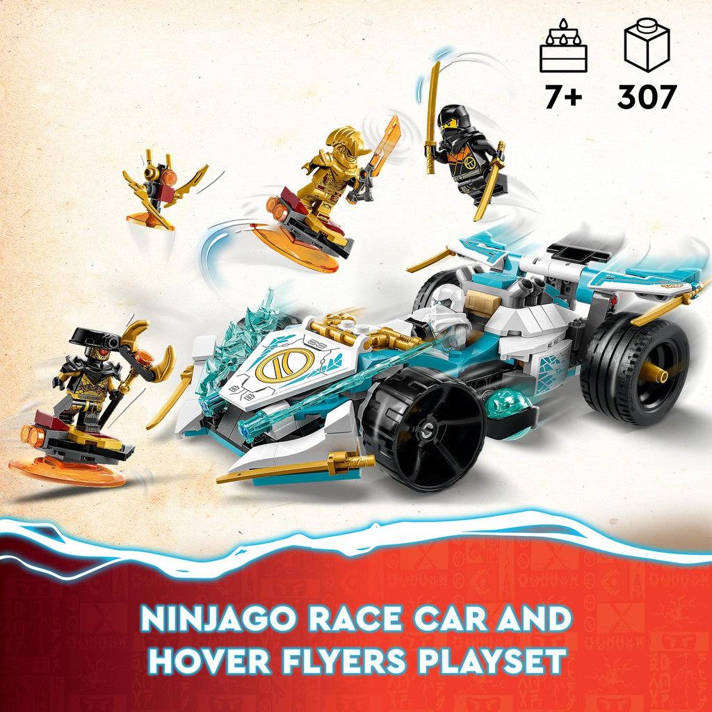 for ages 7+ with 307 LEGO pieces. Ninjago race car and hover flyers playset