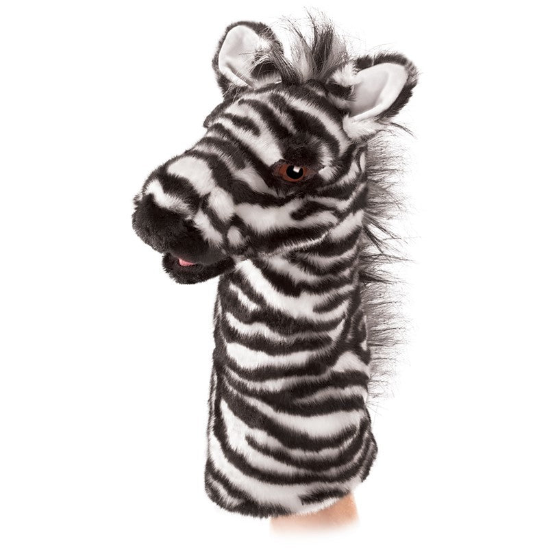 Zebra puppet | Puppet is soft plush zebra print with a leather nose, pink inner-mouth, brown and black plastic eyes. | Inside of the ears are a white fabric.