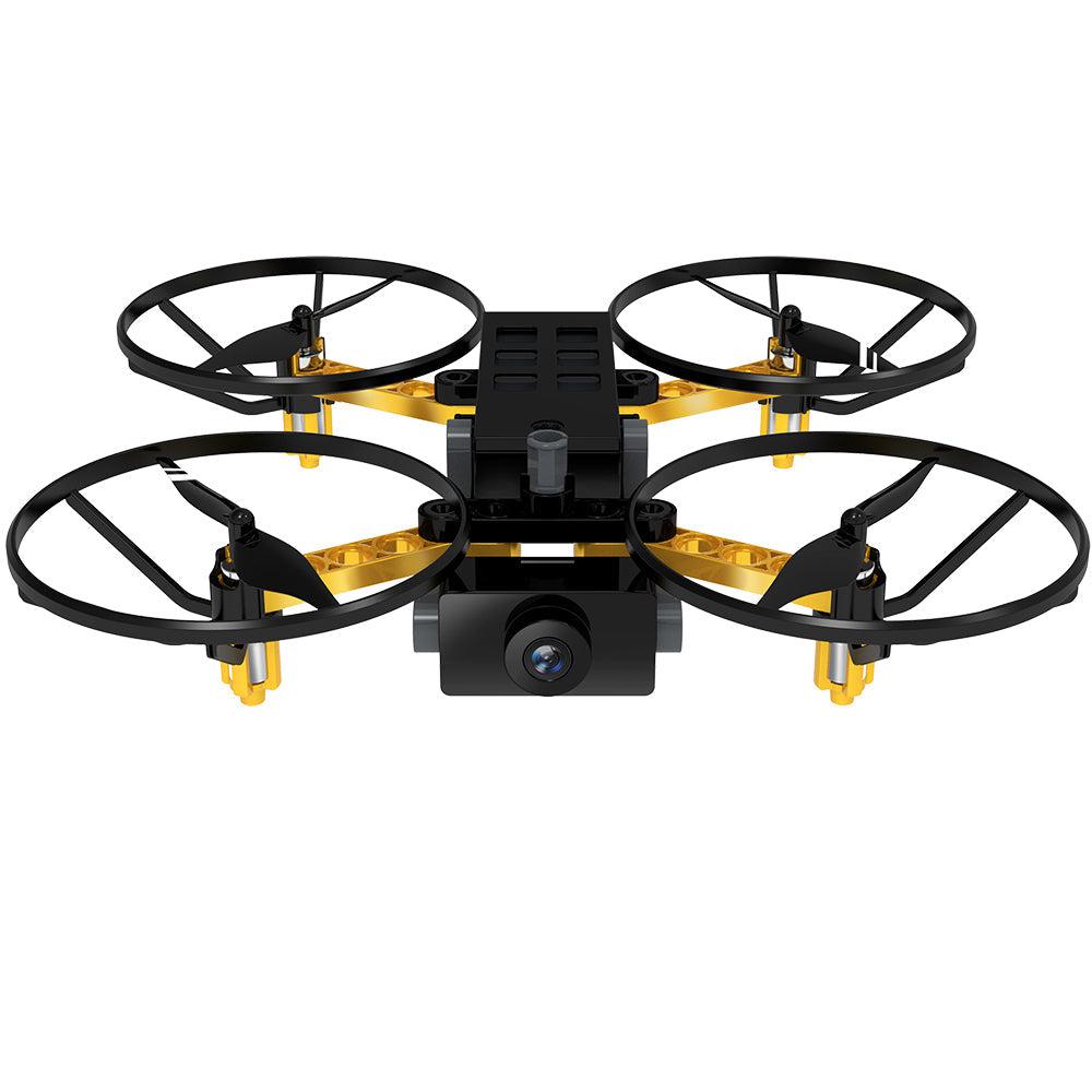 Drone model | Drone has 4 black propellers connected to yellow and black plastic body pieces. | Drone has camera attached to body. 