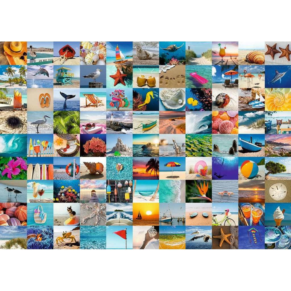 Image of puzzle | Collage of images associated with the seaside such as seashells, ocean life, water, sand, and beach activities