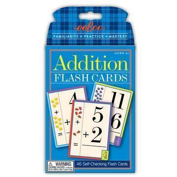 picture shows flash cards for addition math for a child to learn and practice with. 