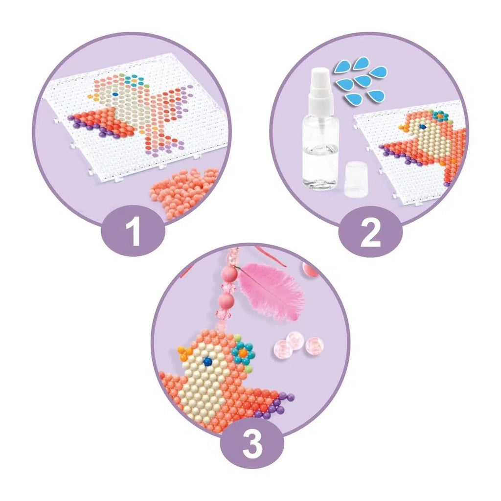 Shows the steps to complete the craft. 1) Assemble the beads on the bead board. 2) Spray water on it to stick it together. 3) Decorate with ribbon and charms! 