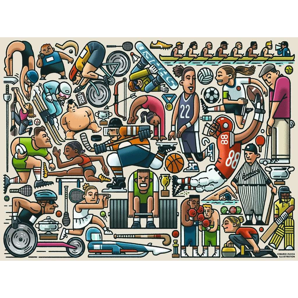 Puzzle is of many people doing all sorts of different sports! They are drawn as cartoons and they are fit in the picture like a puzzle themselves, perfectly fitting everything in with out touching. Now that takes skill!