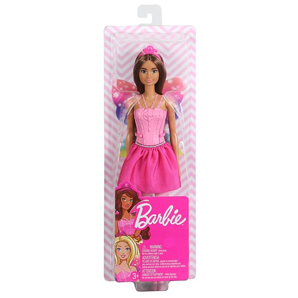 The brown haired fairy doll is shown in its plastic packaging.
