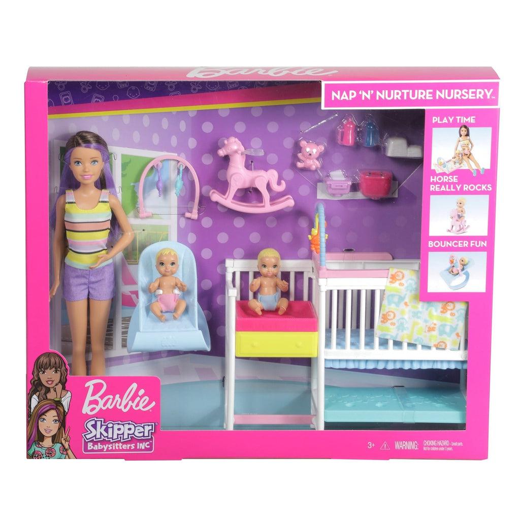 Image of the packaging for Barbie Skipper's Babysitter Nursery play set. You can see all the included pieces though the clear front of the box.