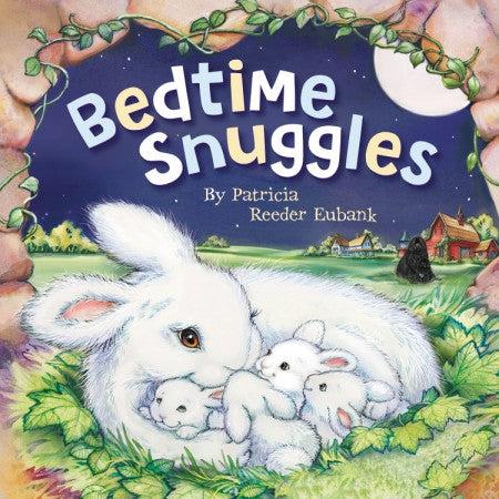 Image of the cover for the Bedtime Snuggles book. On the front is an illustration of a nest of white bunny rabbits.