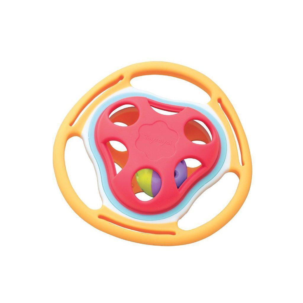 Image of the Bell Rattle Teether. It is a teething toy for babies that has a red compartment holding a rattling ball with orange handles going around the sides.