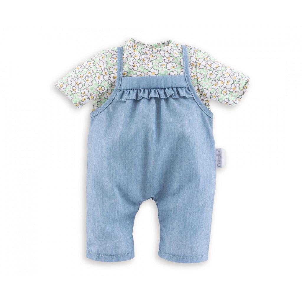 The outfit is 2 pieces in 1. It's a Green blouse with a white flower print sewn to a pair of jean overalls.