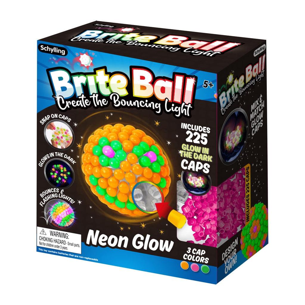 Packaging shows a brite ball in the center. Words read: Schylling logo in the top left, Brite Ball: Create the bouncing light in top middle. Includes 225 glow in the dark caps at middle right, neon glow and 3 cap colors in the bottom right. (Colors: orange pink and green) Snap on caps (image showing caps being attached) Glows in the dark (image of a ball glowing in the dark) and Bounces & flashing lights! (and image of the ball bouncing) A choking hazard warning is in the bottom left.