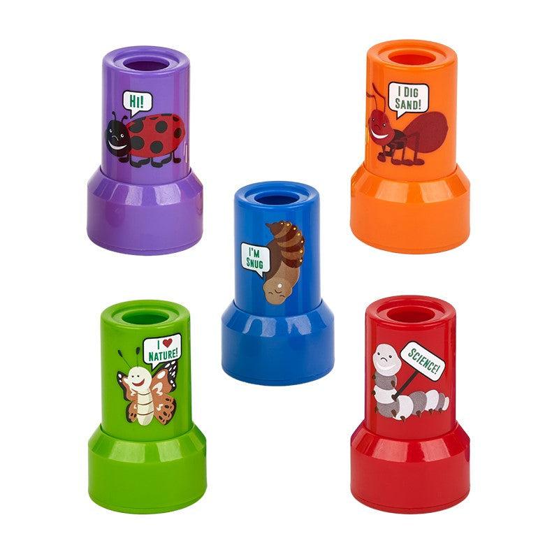 Each of the five possible kaleidoscopes is shown on a white background. They are red with a millipede on it, blue with a snail, purple with a ladybug, orange with an ant, and green with a butterfly. Each is a tube with a wide base.