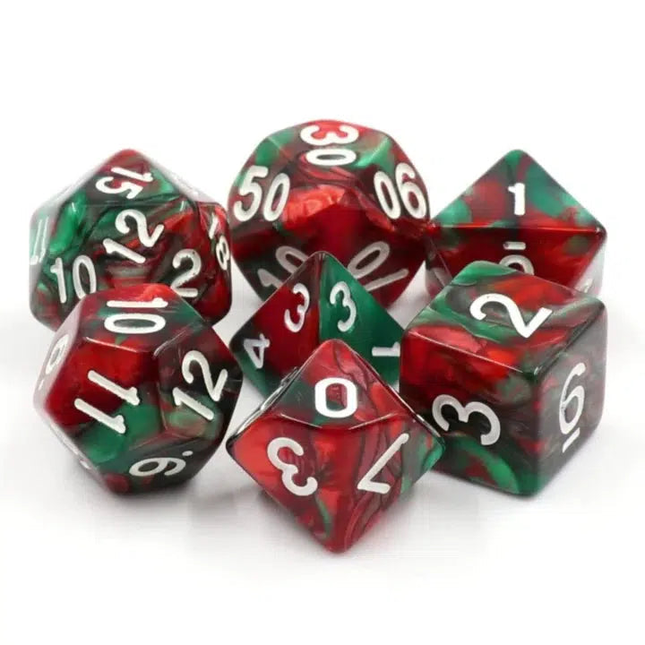 The dice are in a circle with the D4 in the center. The dice are a swirled mix of red and dark green resin.