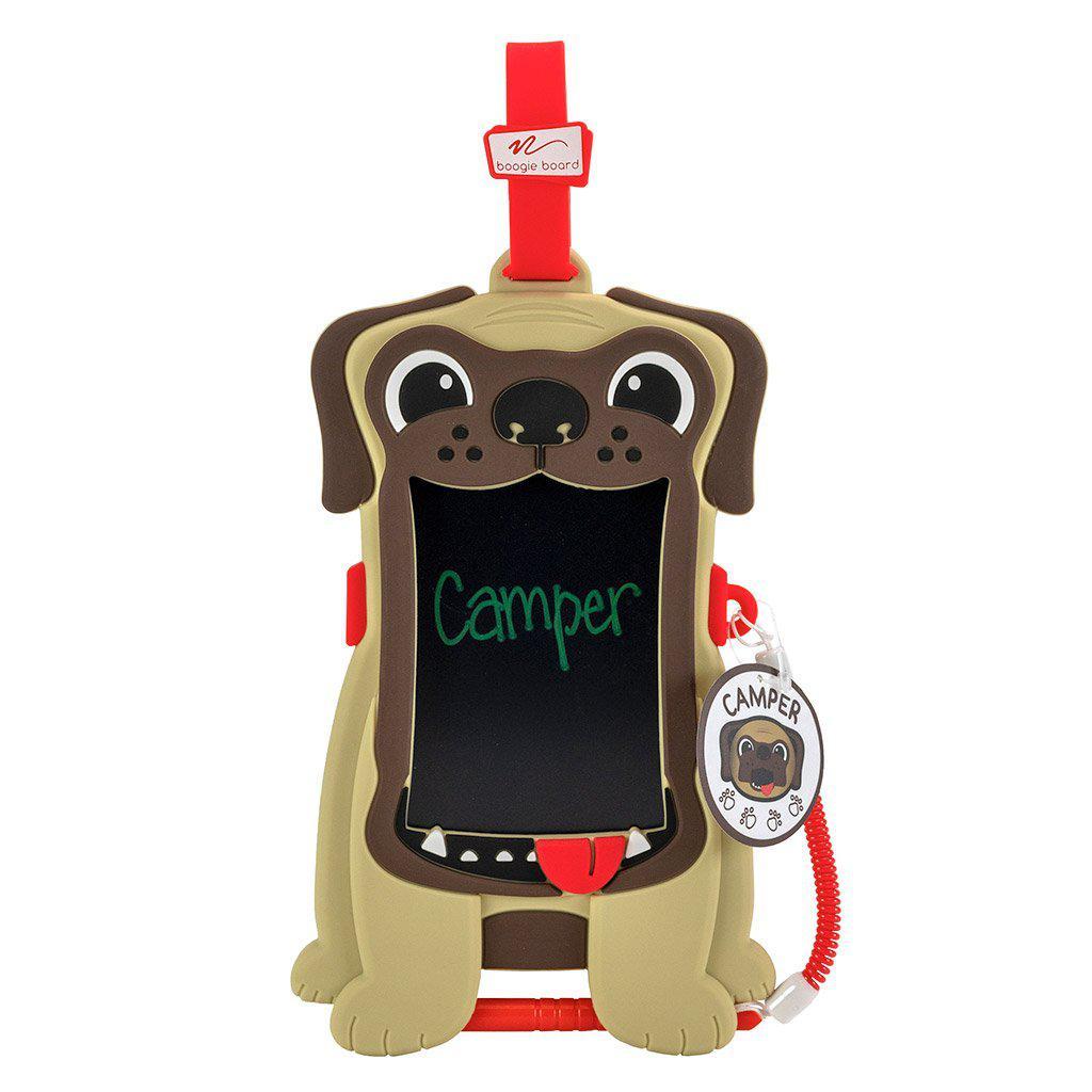 front view of the puppy boogie board, the board is in the dogs mouth!