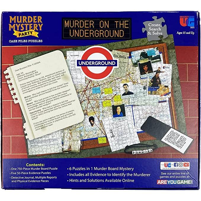 Back of box | Image of murder board puzzle and small evidence puzzles | Image of physical non-puzzle evidence | Contents list | Notebook paper with questions provided in item description