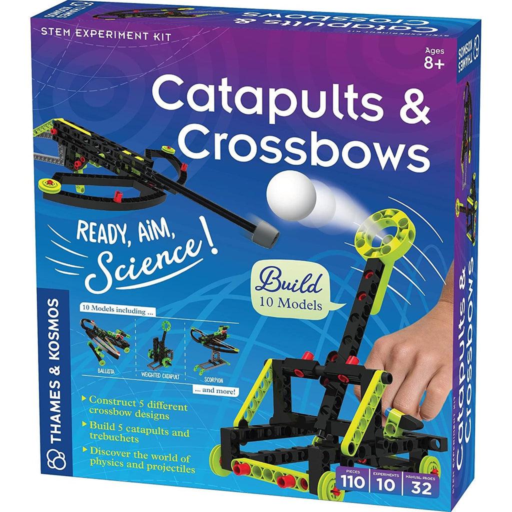Toy in packaging | Front of box has a blue and purple background. | Image of a catapult launching a white foam ball, and a crossbow shooting an arrow. | Small images of other buildable models are included.