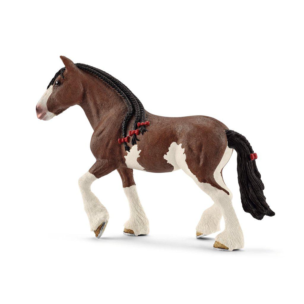 Image of the Clydesdale Mare figurine. It is a dark brown horse with white legs and spots. Its black mane is braided and ties with red ribbons.