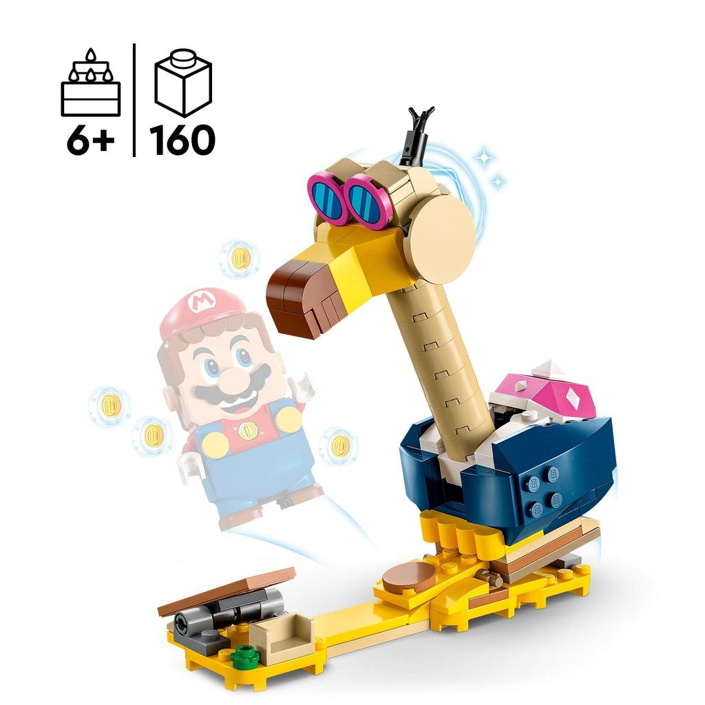 The set is shown without the box behind it | there is a ghostly figure of the lego mario figure (figures sold separately in the lego super mario starter set) jumping away from the birds dropping beak | piece count of 160 and age of 6+ shown in top left