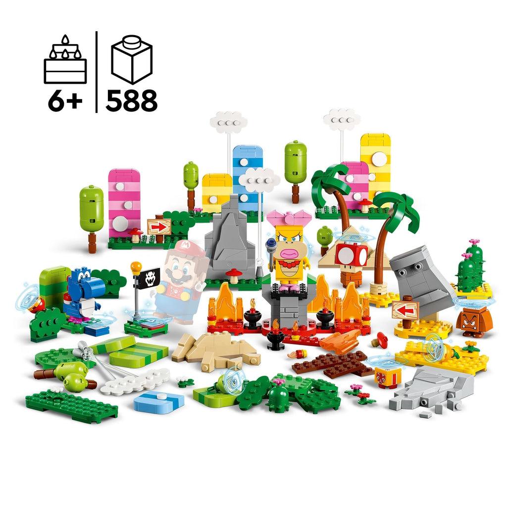 The lego set is shown without the box behind it, they is a ghosted out figure of lego maria to imply that it can be used with the base lego super mario set | piece count of 588 and age of 6+ in top left corner