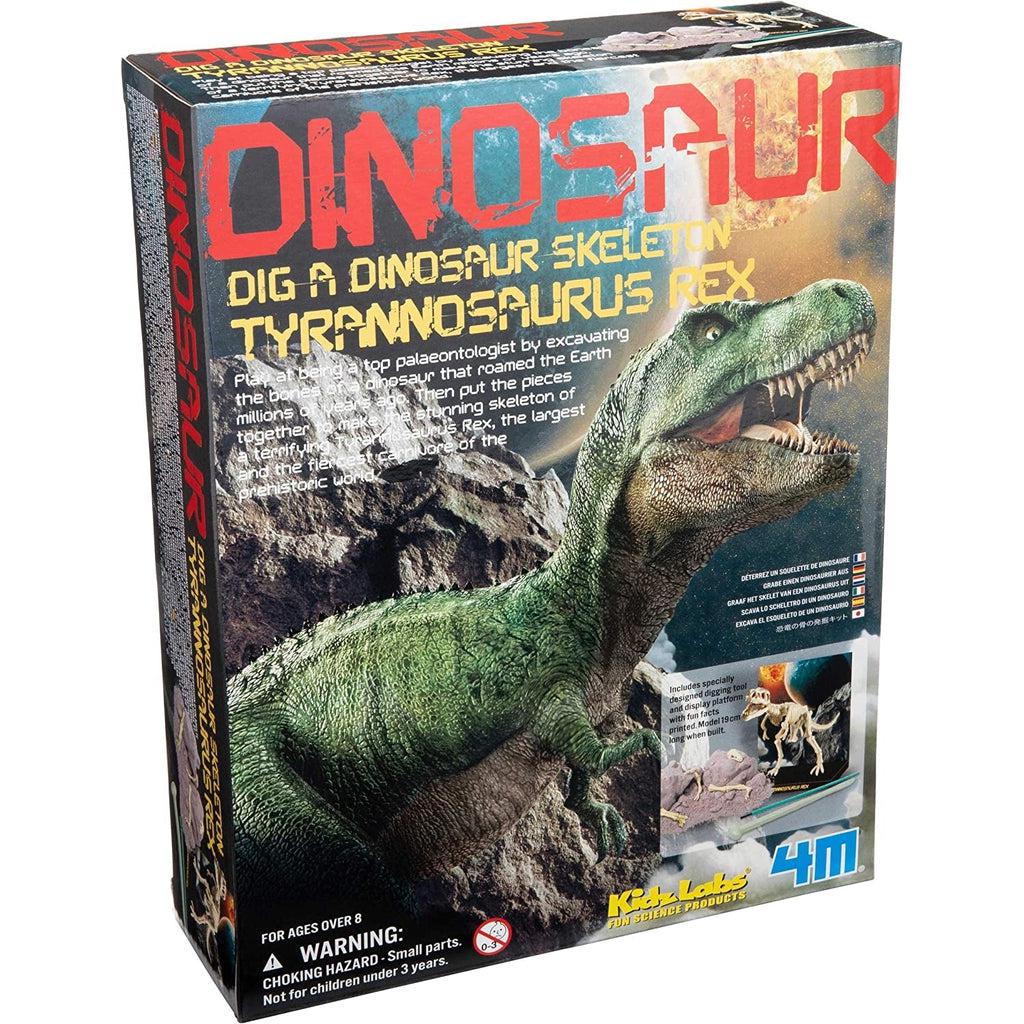 Toy packaging | Front of box has semi-realistic image of gree t-rex with rocks, plants, and open space behind it. | Text reads "DINOSAUR" "Dig a dinosaur skeleton tyrannosaurus rex". 