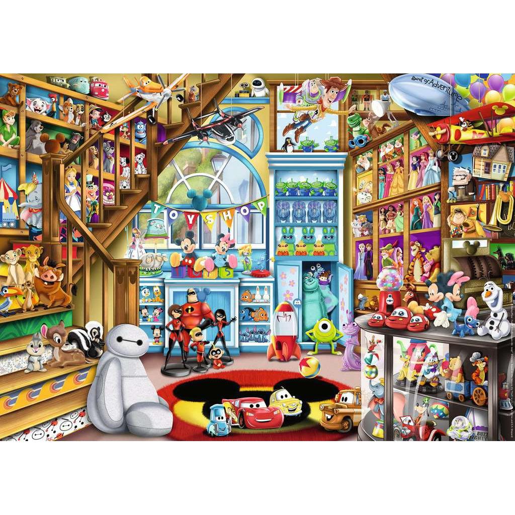 Puzzle image | View of the inside of a toy store | A staircase runs up the left side of the image and a Mickey Mouse shaped window fills part of the back wall. All visible walls are filled with shelves of Disney and Pixar character toys | Toys range from stuffed Disney animal characters to princess figurines and character action figures.