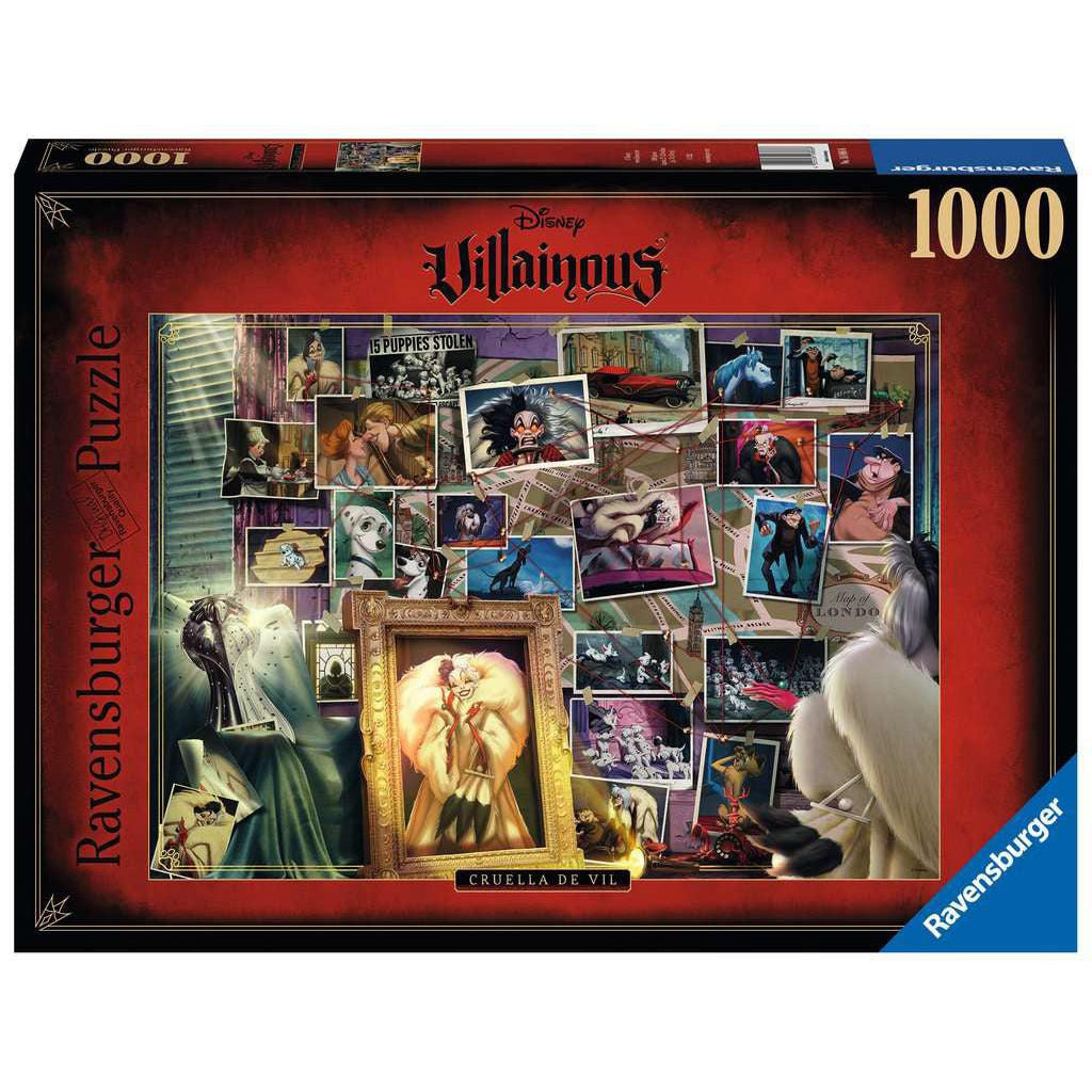 Ravensburger puzzle box | Disney Villanous | Image with Cruelle De Vil and other charcters from Disney's 101 Dalmatians | 1000pcs