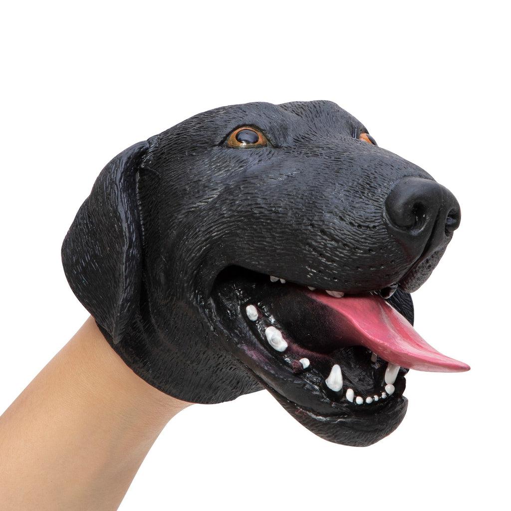 Black dog puppet | Black lab style dog hand puppet with opening mouth. | Mouth has long realistic pink tongue and white teeth.