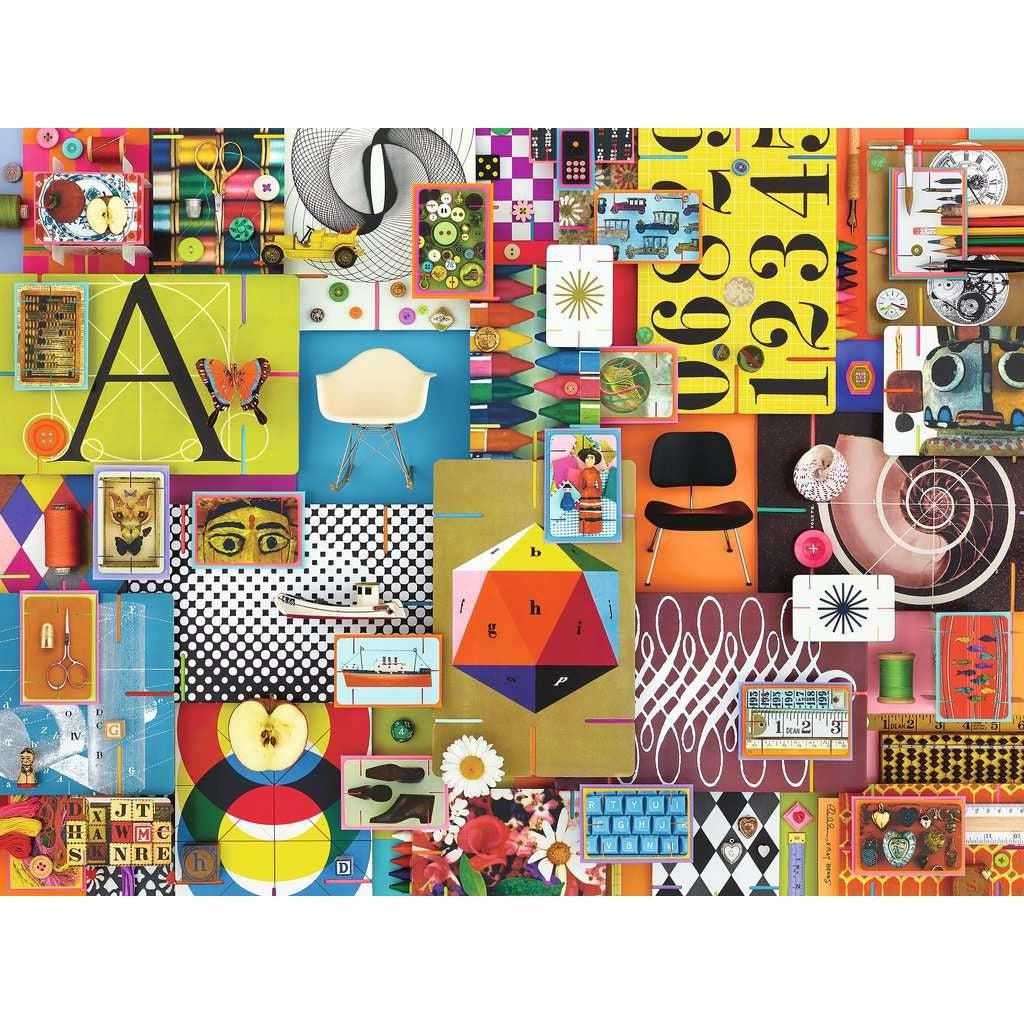 Puzzle is a collage of colorful images relating to the Eames couple and interior design such as chairs, sewing supplies, and mid-century modern style patterns.