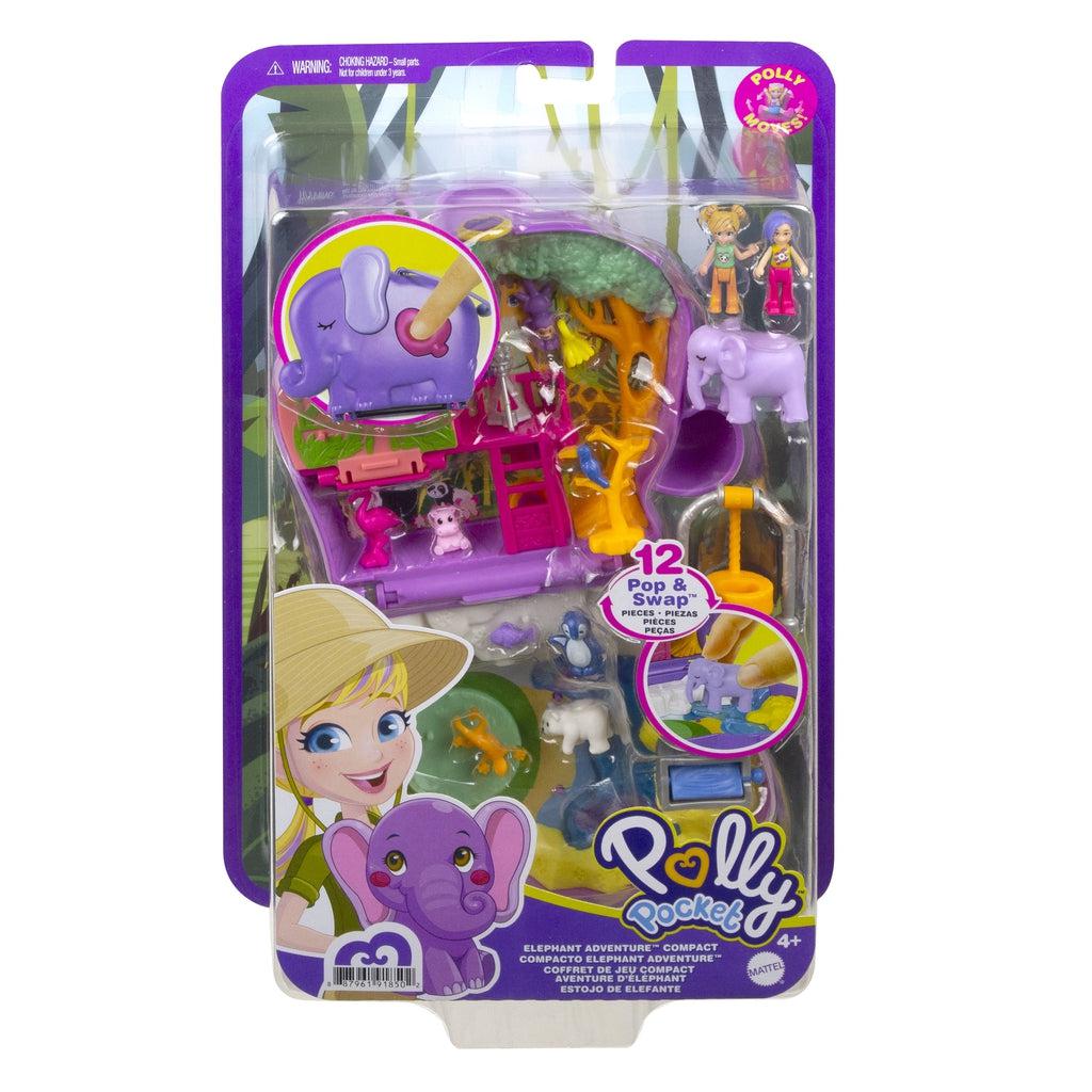 Packaging of Elephant Adventure Polly Pocket | Packaging is see-through with open compact visible inside. It also features an illustration of Polly Pocket holding an elephant.
