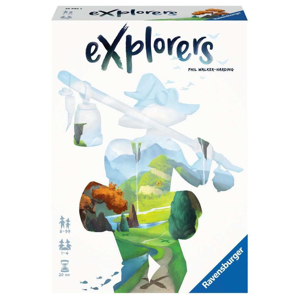 Image shows front of game box. On it is the title, "Explorers" and an illustration of the silhouette of an explorer with a scenic landscape inside.