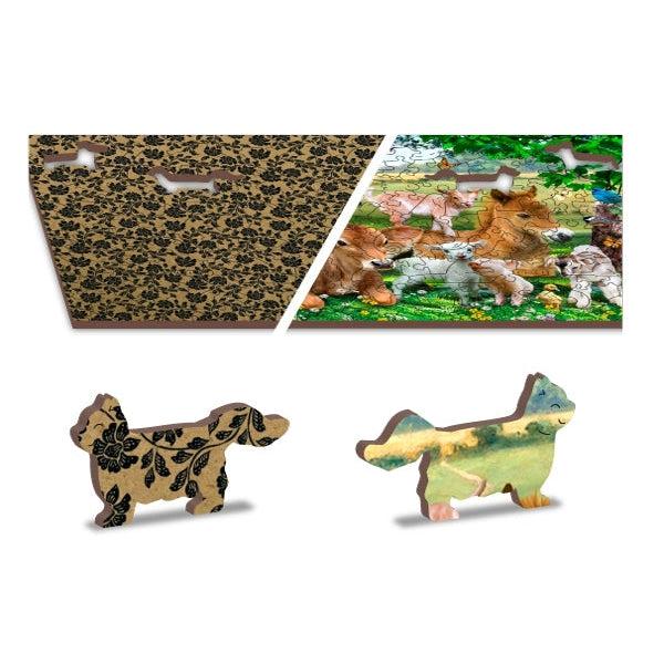 View of front and back sides of puzzle with a single piece removed | Back side is printed with an antique wallpaper style pattern | Front side has image as described previously | Individual pieces pulled out reflect the respective patterns of the front and back sides
