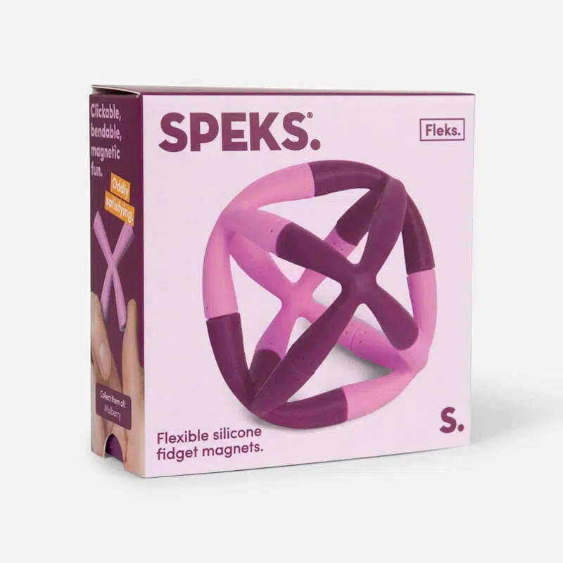 Image of the packaging. In the center of the box is an enlarged picture of the flexible x-shaped Fleks. They are light and dark purple  in color.