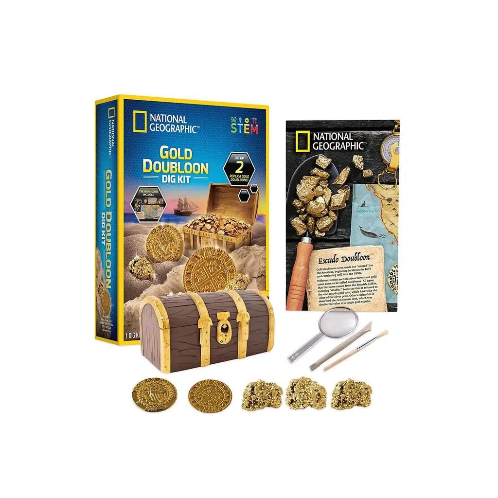 this image shows a trasure chest included, the 2 replica doubloons, a magnifying glass, and tools to dig the doubloons up. plenty of fun for advefnture