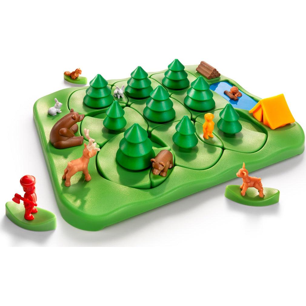 Green, rectangular plastic game board with idents for game pieces. Right side of board has bear, deer, and rabbit figurines. Left side has yellow tent, fire wood, and beaver in water figurines. R and L sides are separated by movable game pieces. | Tree pieces consist of dark green smooth plastic pine trees. | Other additional game pieces include a beaver, deer, bear, rabbit, camper, and lumberjack.
