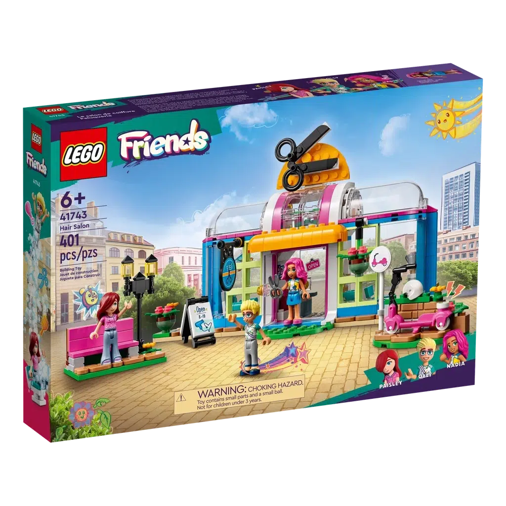 The front of the box shows a lego hair salon with a girl character in front of it, and two characters waving to eachother, one at a bus stop next to the salon and another in the middle of the picture.